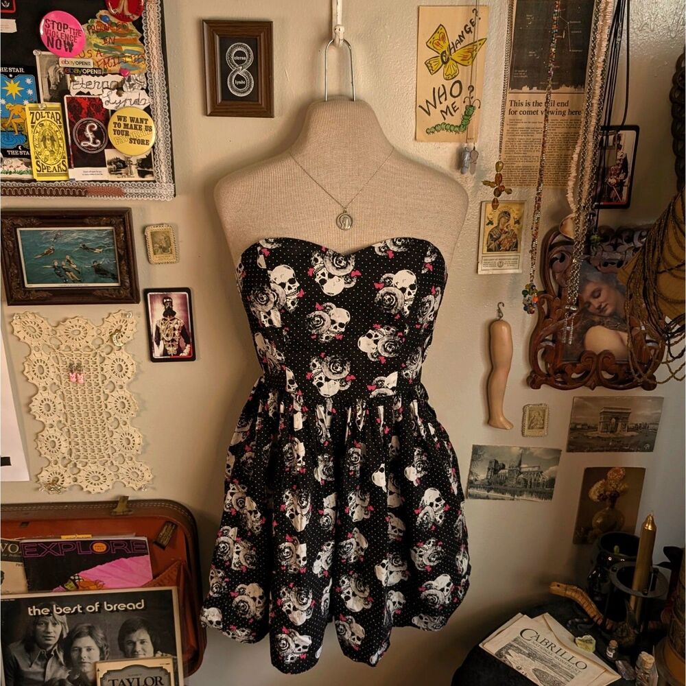 Vintage Hot Topic Skull Print Strapless Mini Dress Women's XS/Small Black